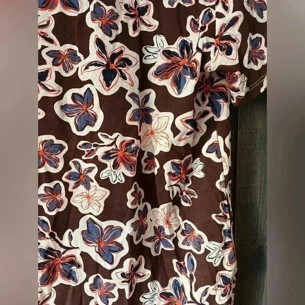 Vintage-Style Floral Print Short Sleeve T-Shirt Brown & Navy Casual Summer A35‎ - Picture 4 of 5